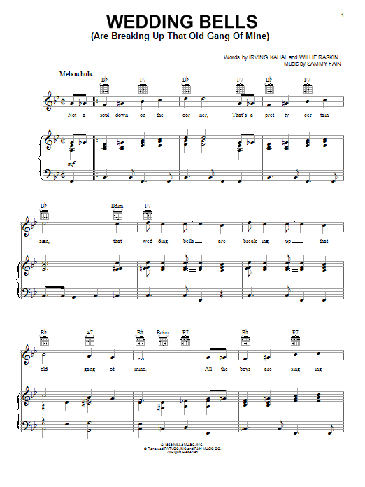 Gene Vincent Wedding Bells (Are Breaking Up That Old Gang Of Mine) sheet music notes and chords arranged for Piano, Vocal & Guitar Chords (Right-Hand Melody)