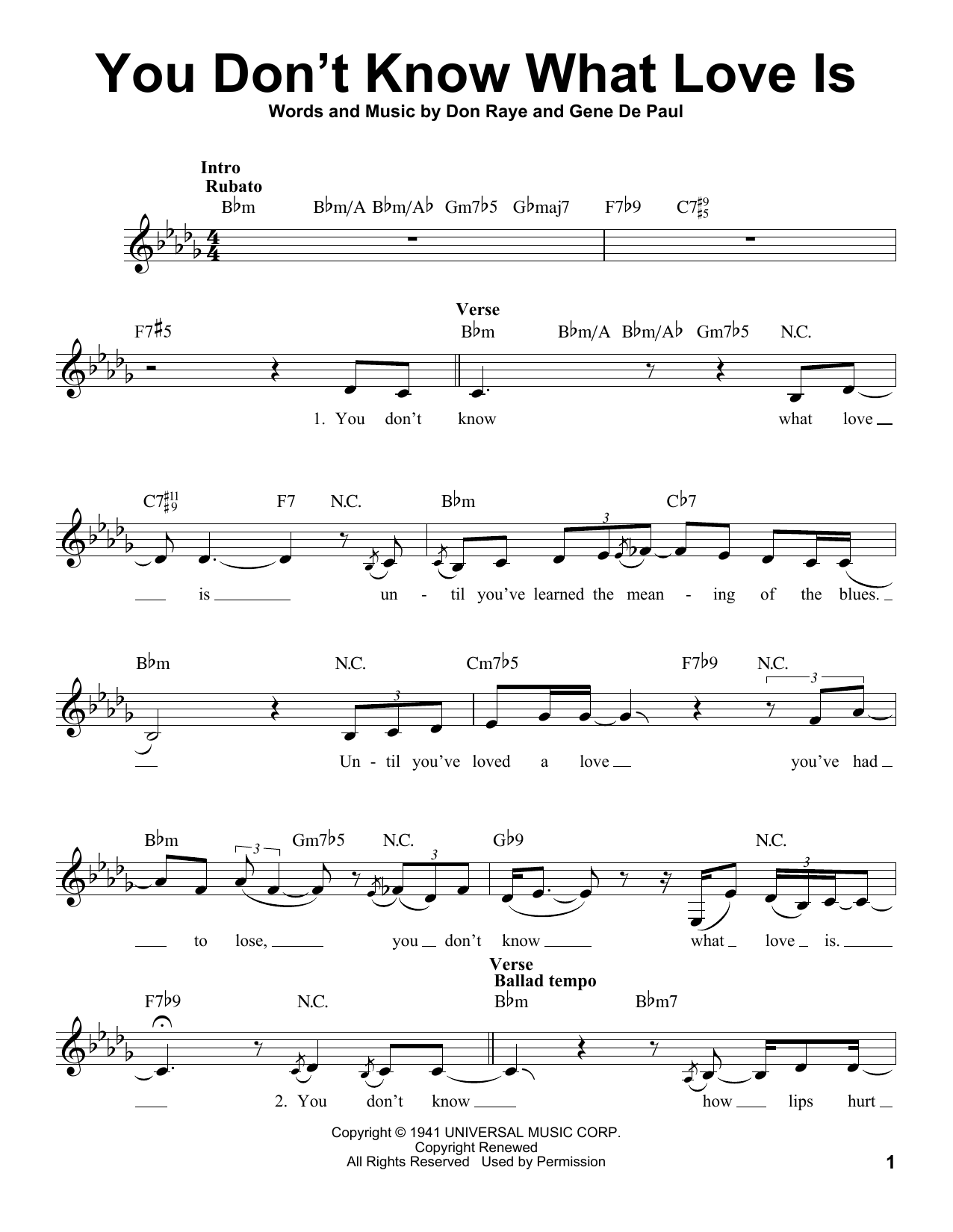 Gene De Paul You Don't Know What Love Is sheet music notes and chords. Download Printable PDF.