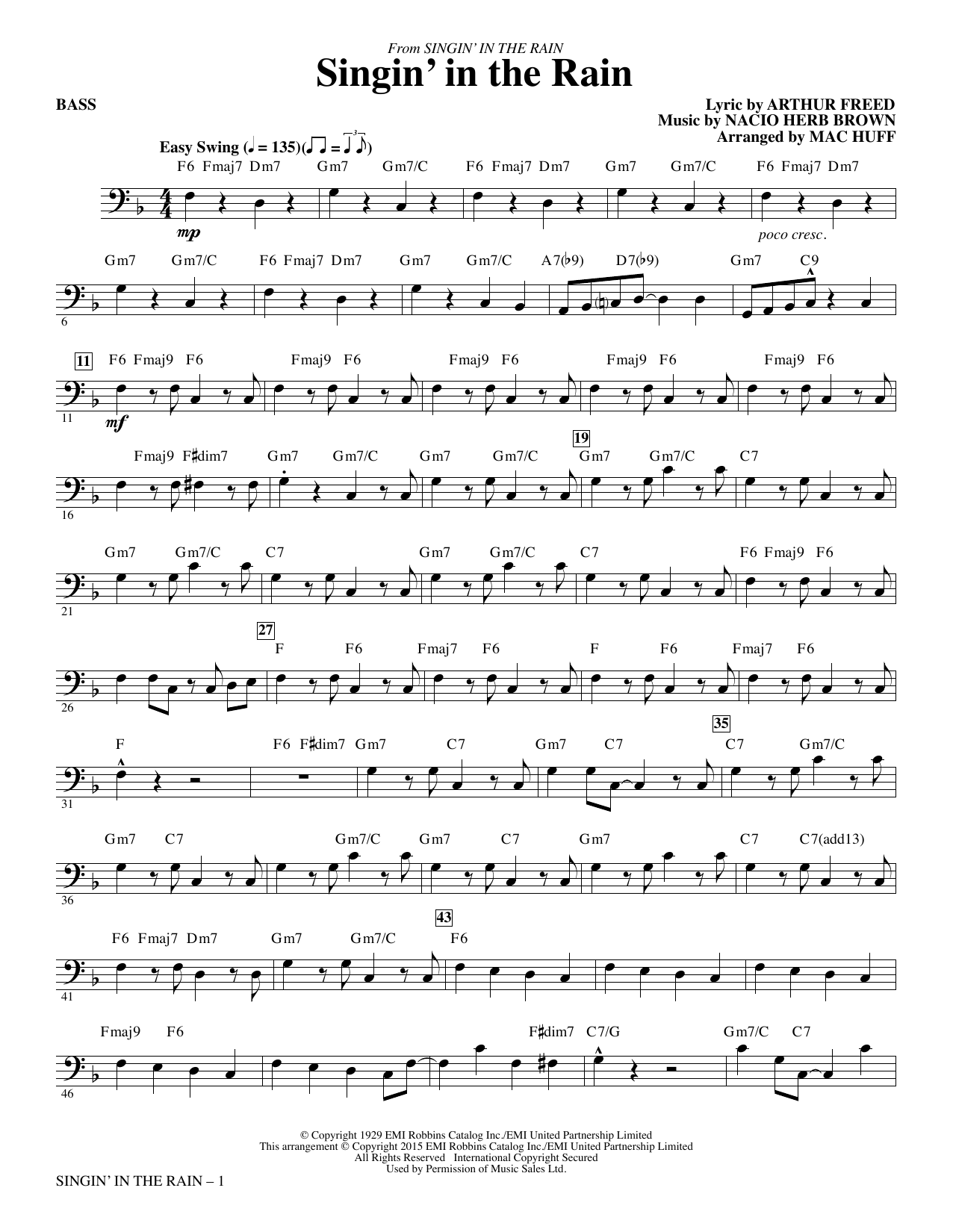 Gene Kelly Singin' in the Rain (arr. Mac Huff) - Bass sheet music notes and chords. Download Printable PDF.