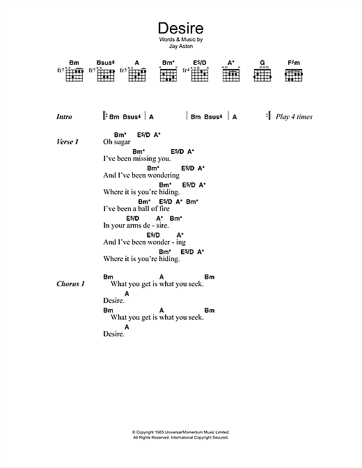 Gene Loves Jezebel Desire sheet music notes and chords arranged for Guitar Chords/Lyrics