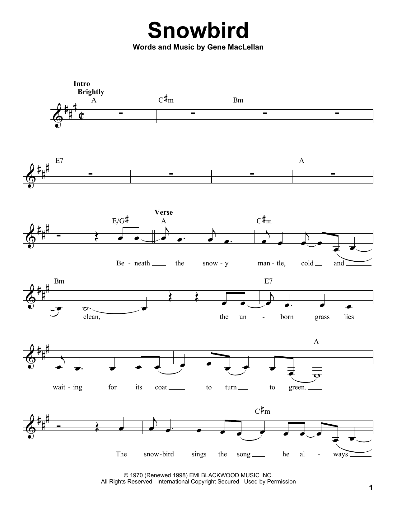 Gene MacLellan Snowbird sheet music notes and chords. Download Printable PDF.