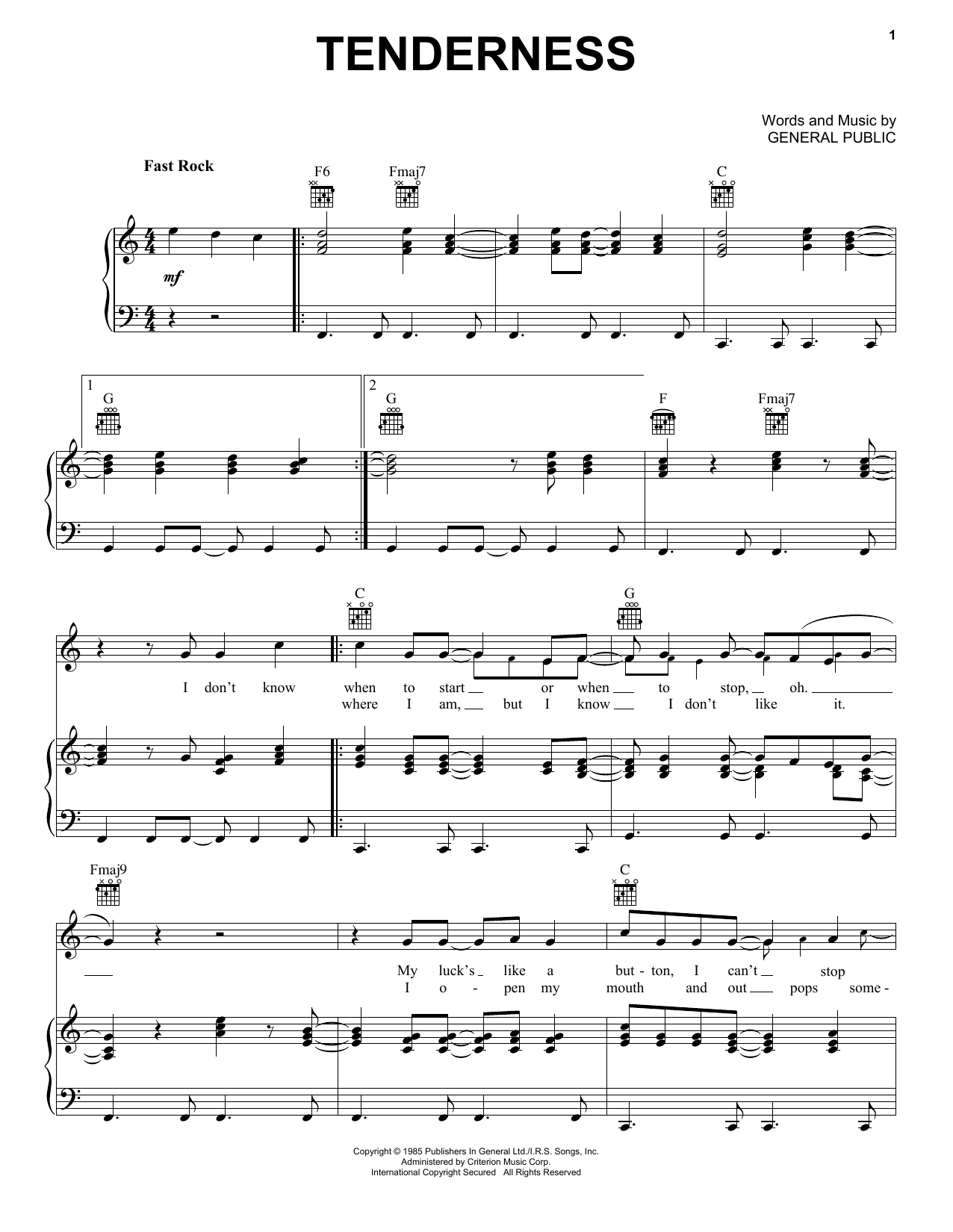 General Public Tenderness sheet music notes and chords arranged for Piano, Vocal & Guitar Chords (Right-Hand Melody)