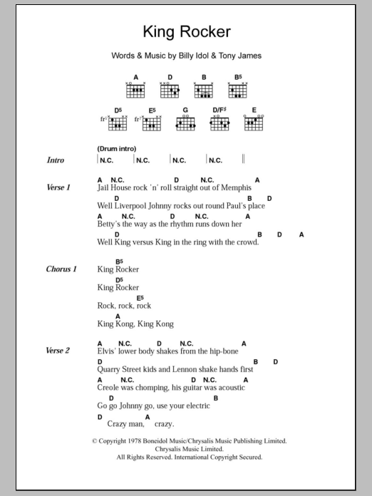 Generation X King Rocker sheet music notes and chords arranged for Guitar Chords/Lyrics