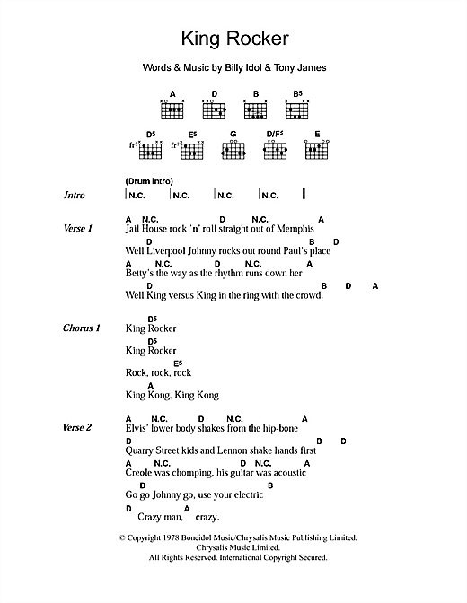 Generation X King Rocker sheet music notes and chords arranged for Guitar Chords/Lyrics