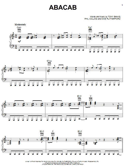 Genesis Abacab sheet music notes and chords arranged for Piano, Vocal & Guitar Chords (Right-Hand Melody)