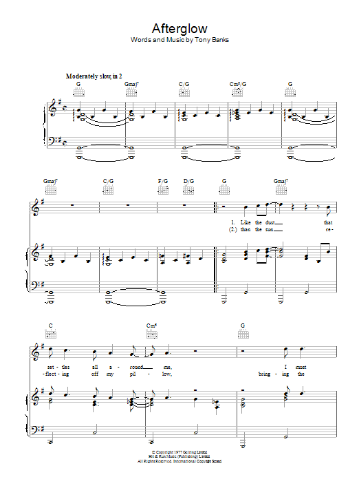 Genesis Afterglow sheet music notes and chords arranged for Piano, Vocal & Guitar Chords