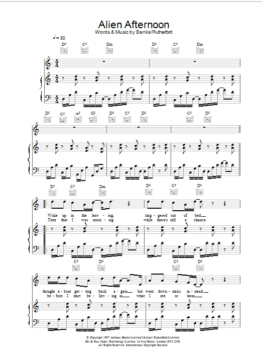 Genesis Alien Afternoon sheet music notes and chords arranged for Piano, Vocal & Guitar Chords