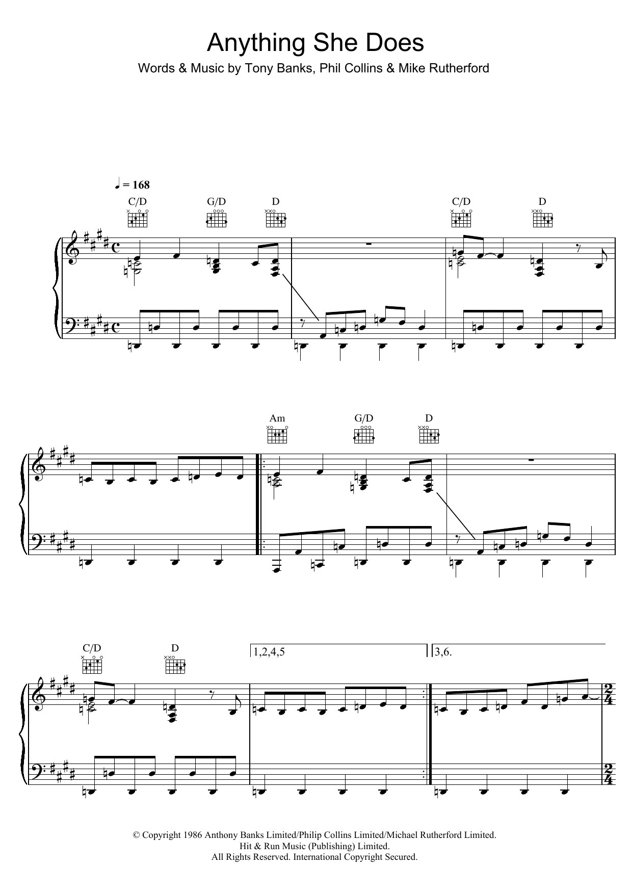 Genesis Anything She Does sheet music notes and chords arranged for Piano, Vocal & Guitar Chords (Right-Hand Melody)