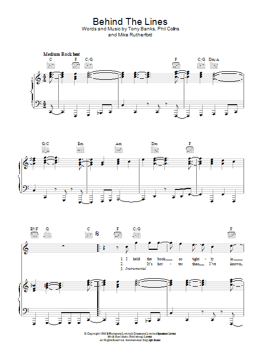 Genesis Behind The Lines sheet music notes and chords arranged for Piano, Vocal & Guitar Chords