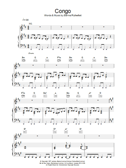 Genesis Congo sheet music notes and chords arranged for Piano, Vocal & Guitar Chords