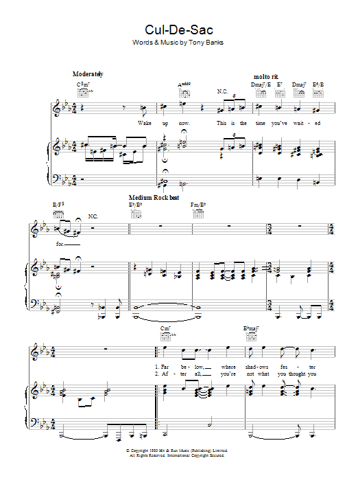 Genesis Cul-De-Sac sheet music notes and chords arranged for Piano, Vocal & Guitar Chords