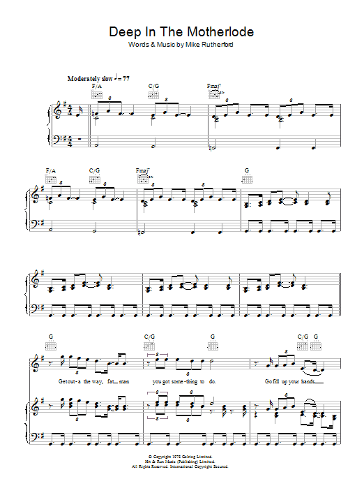 Genesis Deep In The Motherlode sheet music notes and chords arranged for Piano, Vocal & Guitar Chords