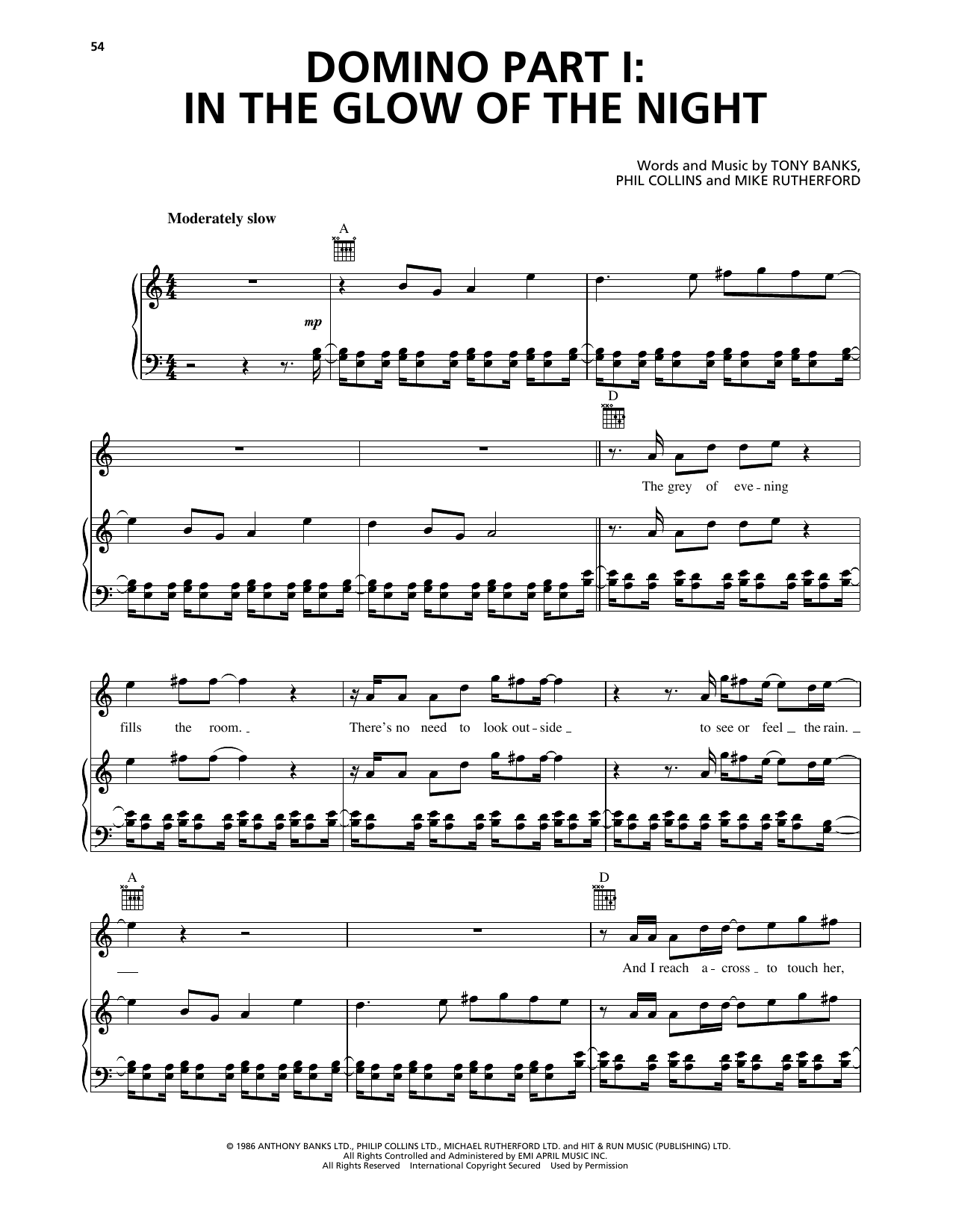 Genesis Domino Part I: In The Glow Of The Night sheet music notes and chords arranged for Piano, Vocal & Guitar Chords (Right-Hand Melody)