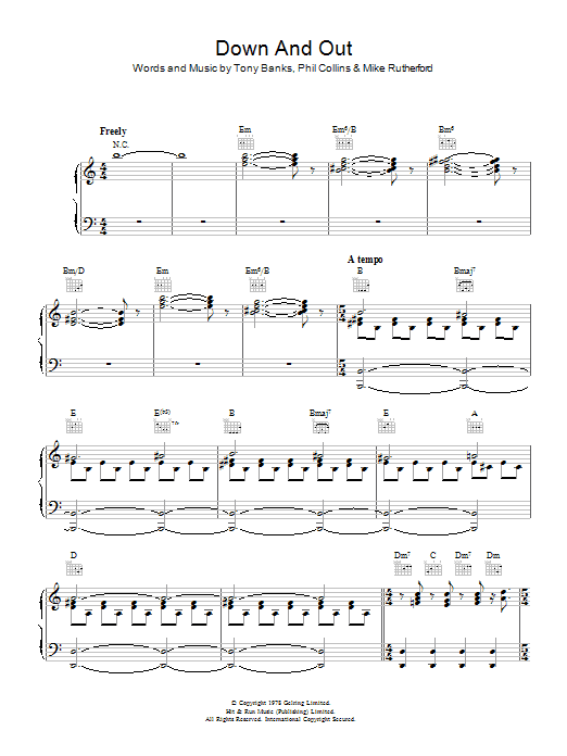 Genesis Down And Out sheet music notes and chords arranged for Piano, Vocal & Guitar Chords