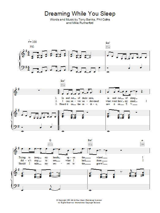 Genesis Dreaming While You Sleep sheet music notes and chords arranged for Piano, Vocal & Guitar Chords (Right-Hand Melody)