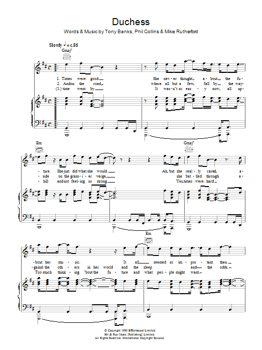 Genesis Duchess sheet music notes and chords arranged for Piano, Vocal & Guitar Chords (Right-Hand Melody)