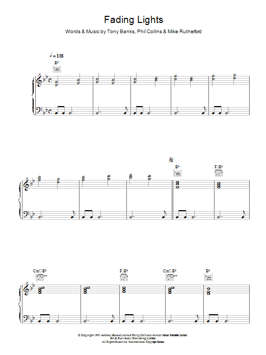 Genesis Fading Lights sheet music notes and chords arranged for Piano, Vocal & Guitar Chords