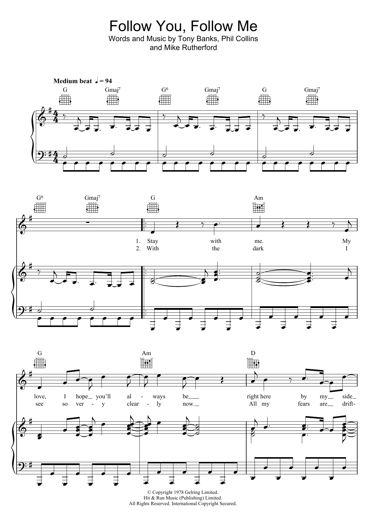 Genesis Follow You, Follow Me sheet music notes and chords arranged for Piano, Vocal & Guitar Chords