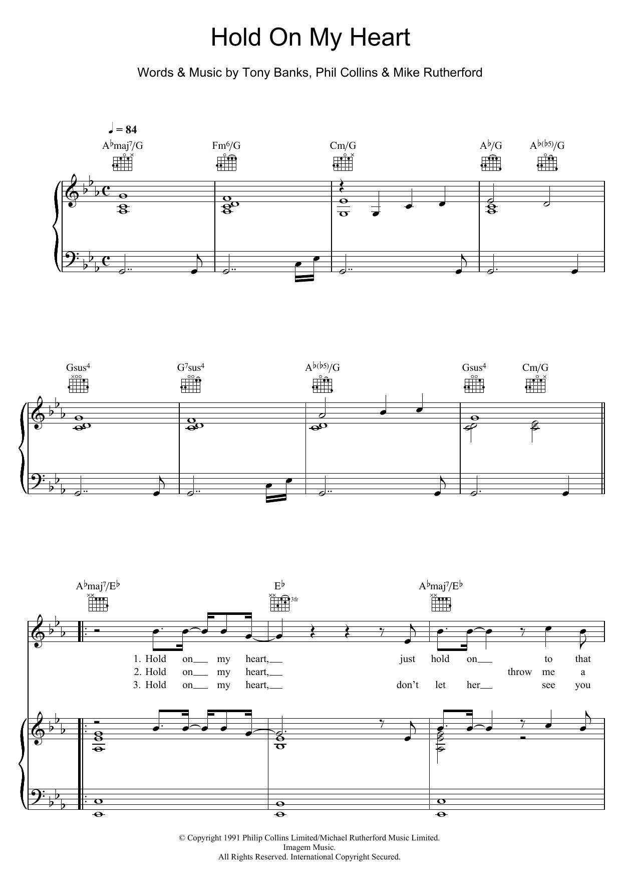 Genesis Hold On My Heart sheet music notes and chords arranged for Piano, Vocal & Guitar Chords (Right-Hand Melody)
