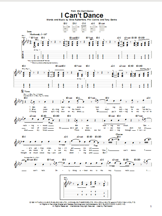 Genesis I Can't Dance sheet music notes and chords arranged for Guitar Tab