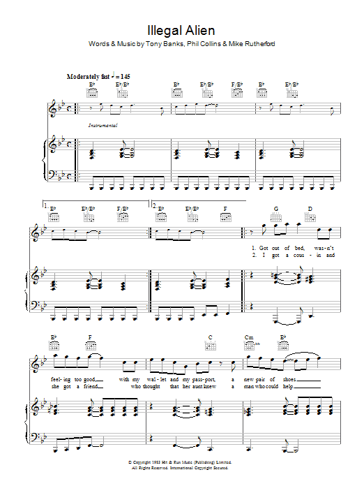 Genesis Illegal Alien sheet music notes and chords arranged for Piano, Vocal & Guitar Chords (Right-Hand Melody)