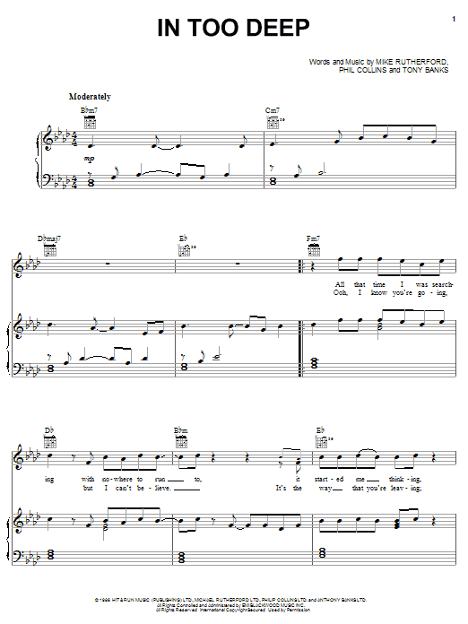Genesis In Too Deep sheet music notes and chords arranged for Piano, Vocal & Guitar Chords (Right-Hand Melody)