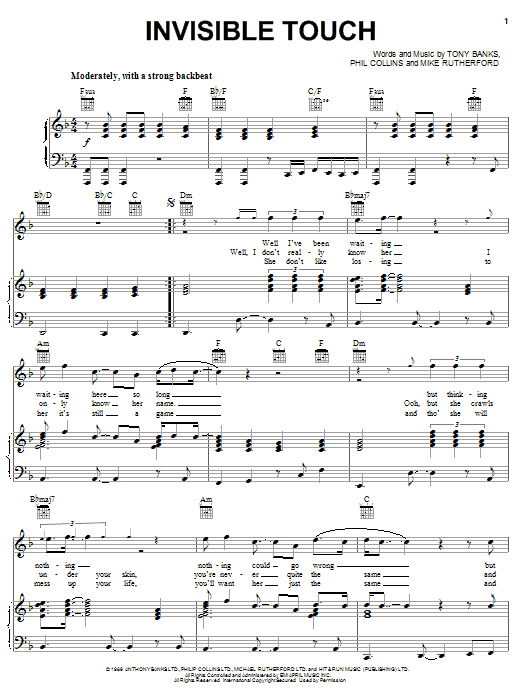 Genesis Invisible Touch sheet music notes and chords arranged for Piano, Vocal & Guitar Chords
