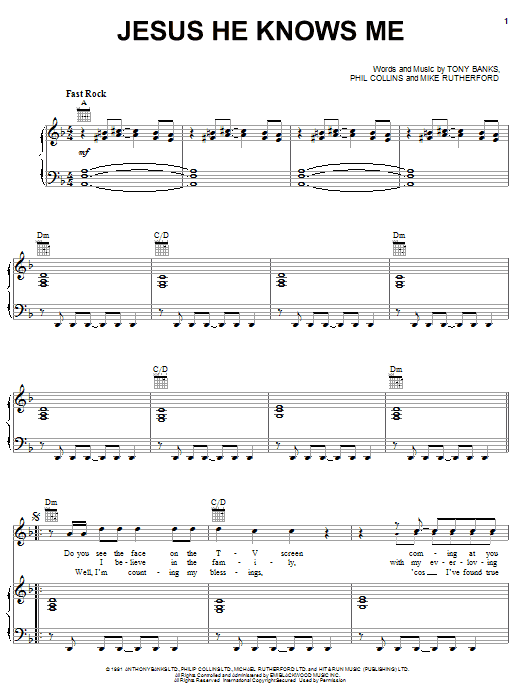 Genesis Jesus He Knows Me sheet music notes and chords arranged for Piano, Vocal & Guitar Chords (Right-Hand Melody)