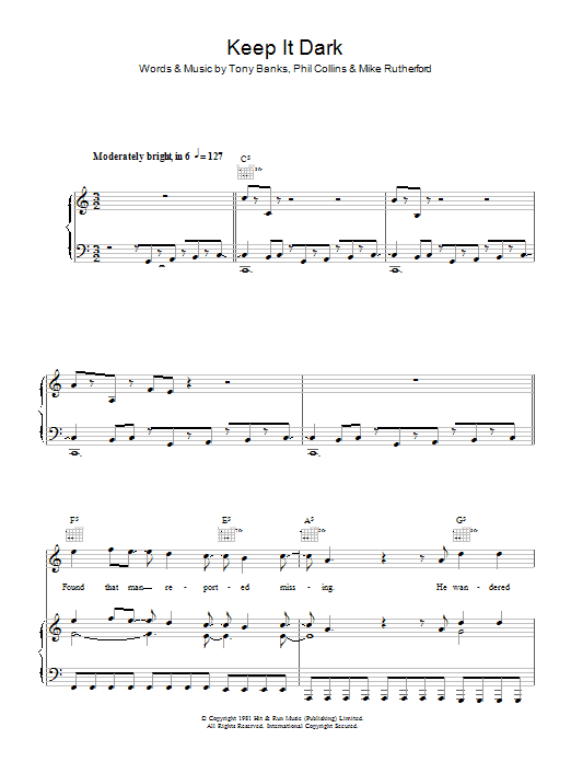 Genesis Keep It Dark sheet music notes and chords arranged for Piano, Vocal & Guitar Chords
