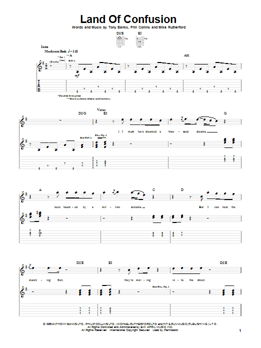 Genesis Land Of Confusion sheet music notes and chords arranged for Piano, Vocal & Guitar Chords