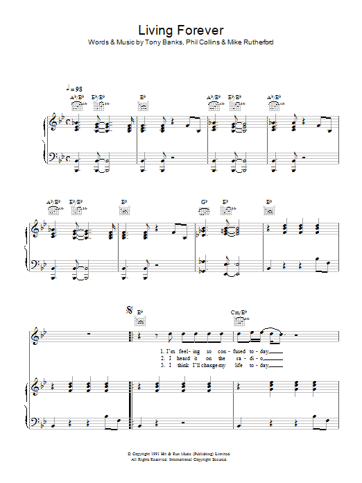 Genesis Living Forever sheet music notes and chords arranged for Piano, Vocal & Guitar Chords