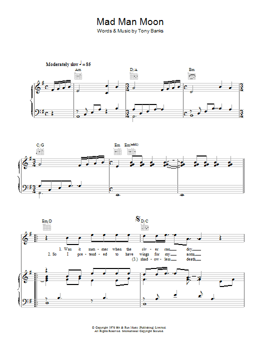 Genesis Mad Man Moon sheet music notes and chords arranged for Piano, Vocal & Guitar Chords (Right-Hand Melody)