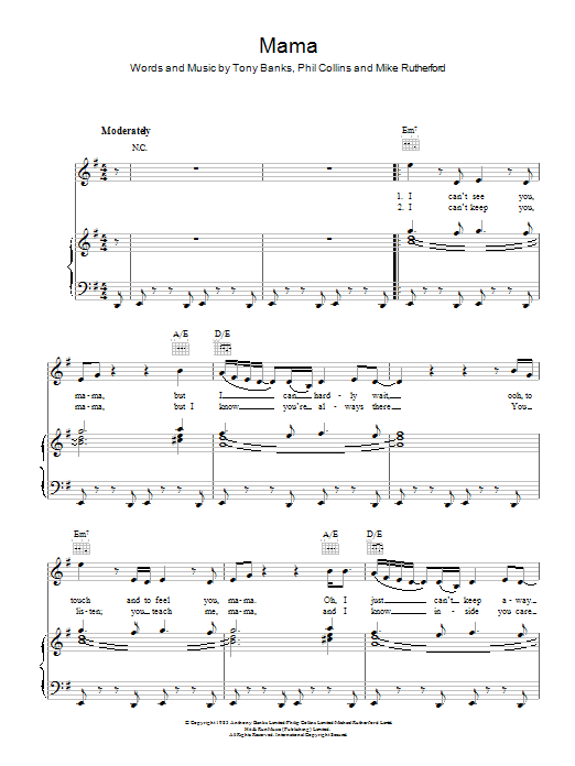 Genesis Mama sheet music notes and chords arranged for Piano, Vocal & Guitar Chords (Right-Hand Melody)