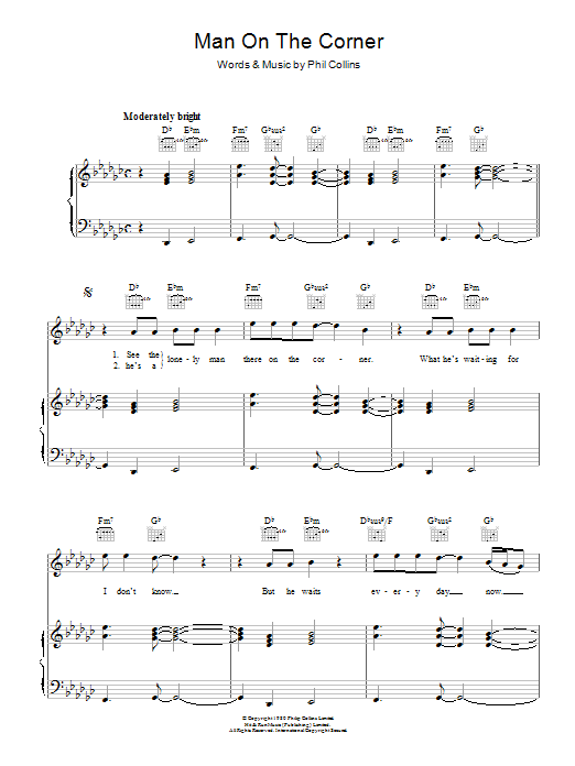 Genesis Man On The Corner sheet music notes and chords arranged for Piano, Vocal & Guitar Chords (Right-Hand Melody)