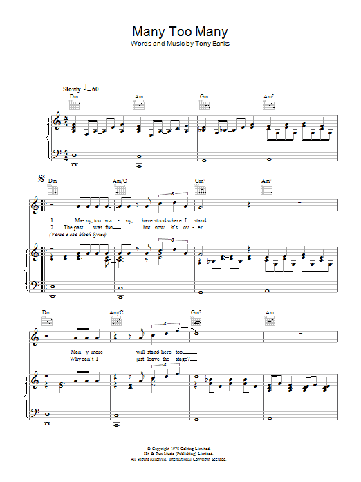 Genesis Many Too Many sheet music notes and chords arranged for Piano, Vocal & Guitar Chords (Right-Hand Melody)