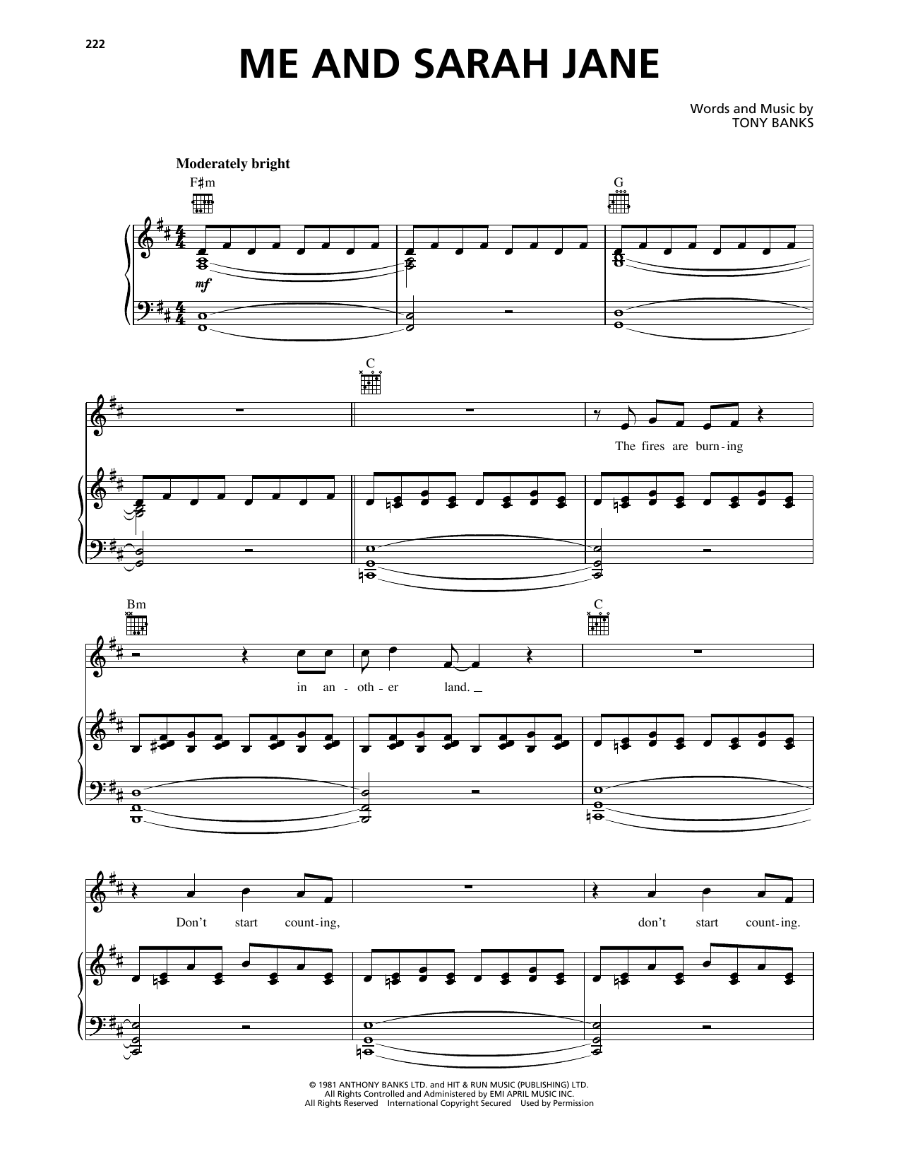 Genesis Me And Sarah Jane sheet music notes and chords arranged for Piano, Vocal & Guitar Chords (Right-Hand Melody)