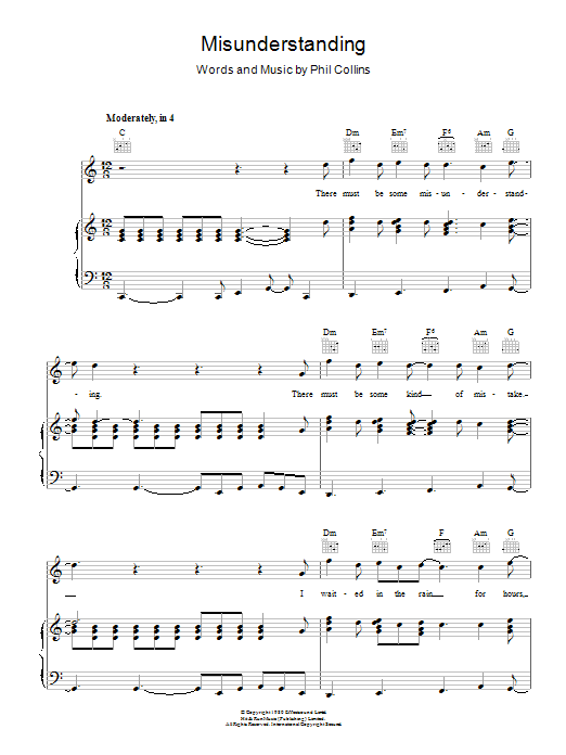 Genesis Misunderstanding sheet music notes and chords arranged for Piano, Vocal & Guitar Chords
