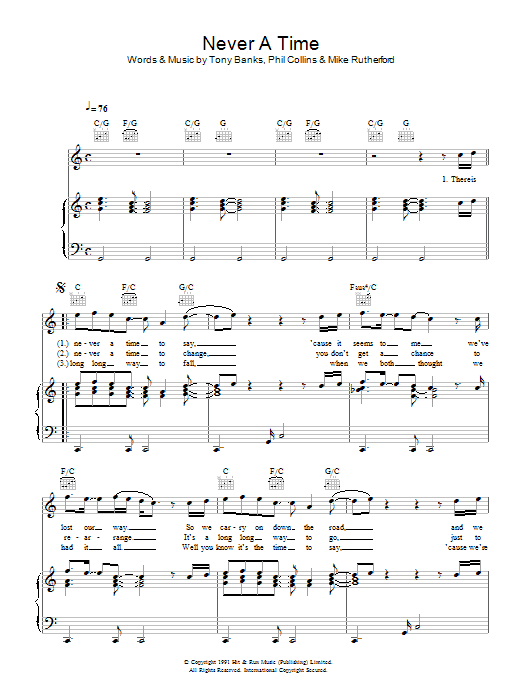 Genesis Never A Time sheet music notes and chords arranged for Piano, Vocal & Guitar Chords (Right-Hand Melody)