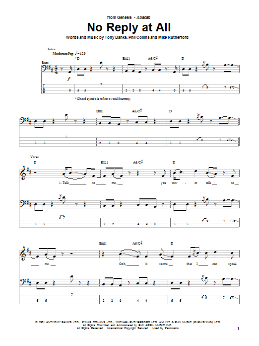 Genesis No Reply At All sheet music notes and chords arranged for Guitar Tab