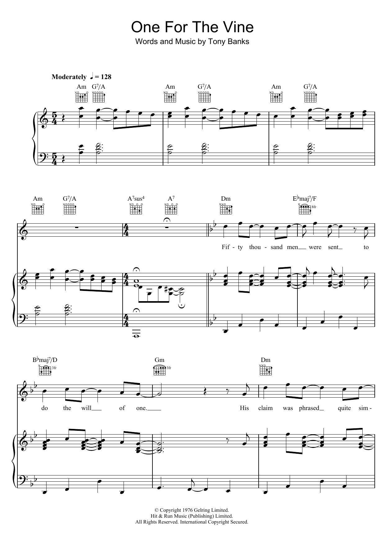 Genesis One For The Vine sheet music notes and chords arranged for Piano, Vocal & Guitar Chords (Right-Hand Melody)