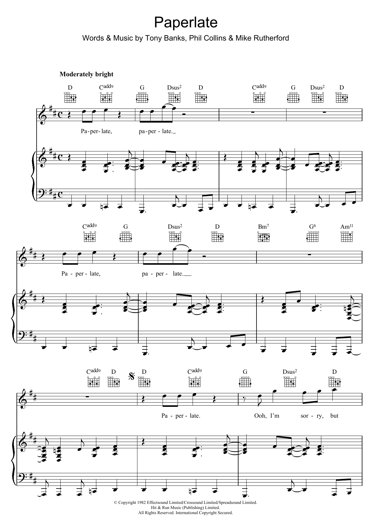 Genesis Paperlate sheet music notes and chords arranged for Piano, Vocal & Guitar Chords (Right-Hand Melody)