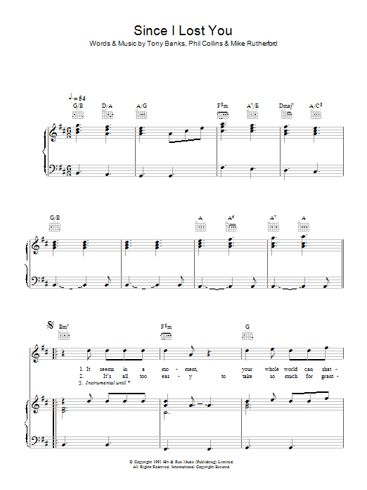 Genesis Since I Lost You sheet music notes and chords arranged for Piano, Vocal & Guitar Chords (Right-Hand Melody)