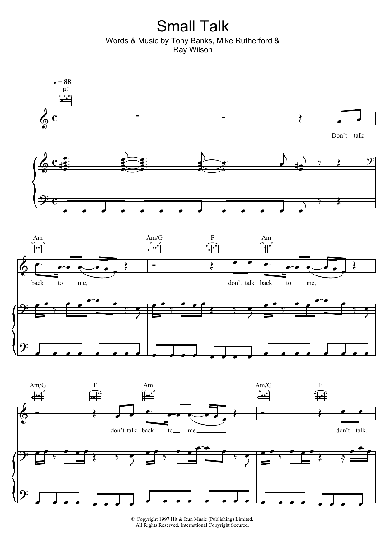 Genesis Small Talk sheet music notes and chords arranged for Piano, Vocal & Guitar Chords