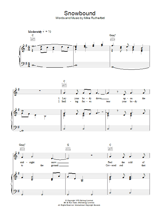 Genesis Snowbound sheet music notes and chords arranged for Piano, Vocal & Guitar Chords