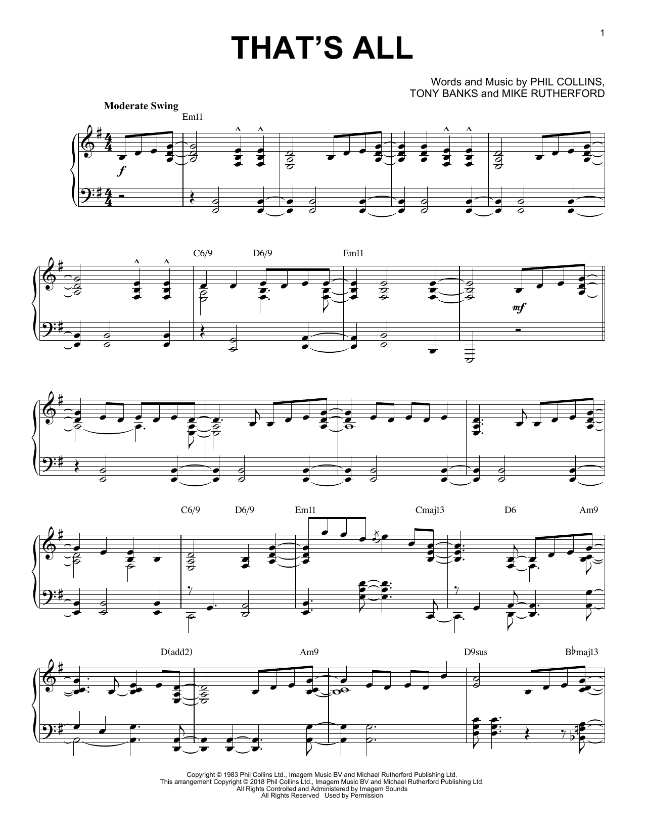 Genesis That's All [Jazz version] sheet music notes and chords arranged for Piano Solo