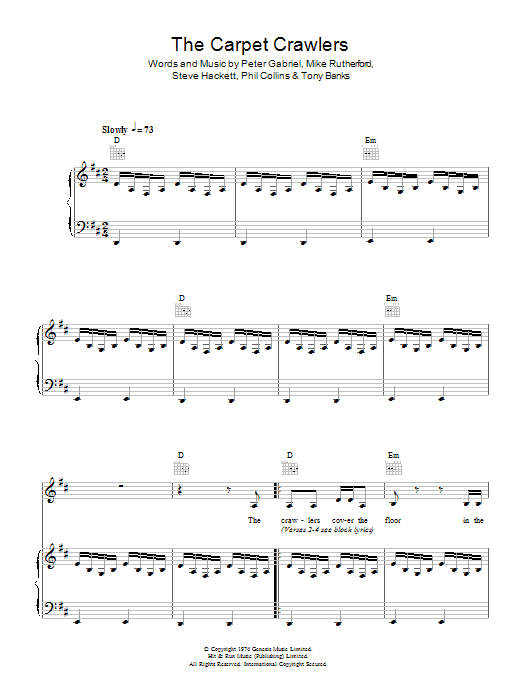 Genesis The Carpet Crawlers sheet music notes and chords arranged for Piano, Vocal & Guitar Chords