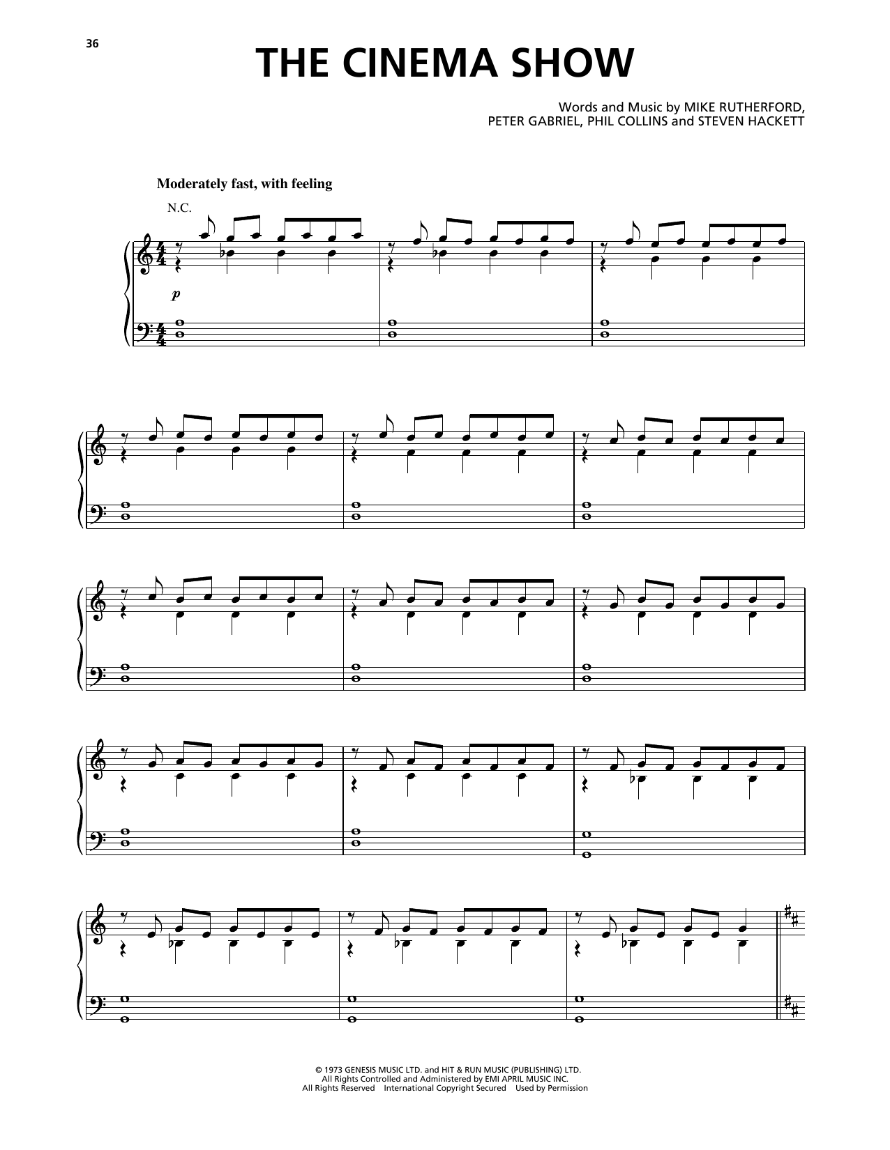 Genesis The Cinema Show sheet music notes and chords arranged for Piano, Vocal & Guitar Chords (Right-Hand Melody)