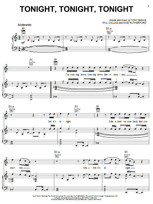 Genesis Tonight, Tonight, Tonight sheet music notes and chords arranged for Guitar Tab
