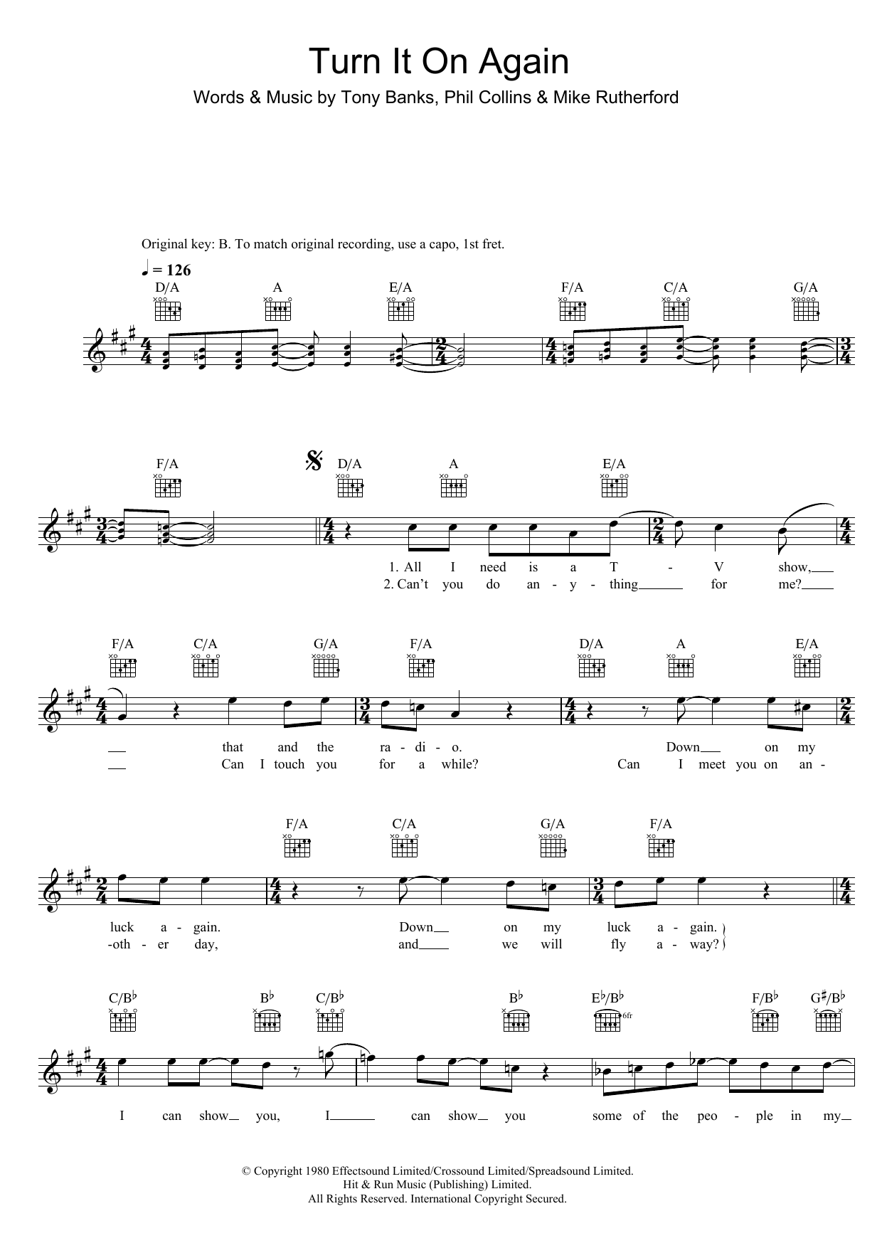 Genesis Turn It On Again sheet music notes and chords arranged for Guitar Tab