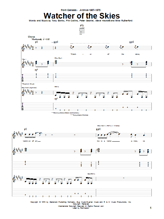 Genesis Watcher Of The Skies sheet music notes and chords arranged for Guitar Tab